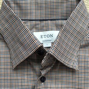 Eton Men's Brown, Blue, Black Plaid Twill Dress Shirt | L, 16 1/2